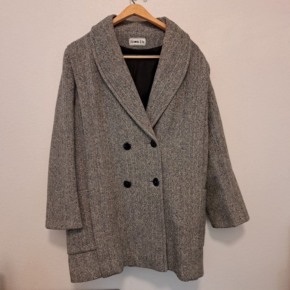 Herman Kay Vintage Wool Herringbone Coat Double Breasted Shawl Collar Gray Black